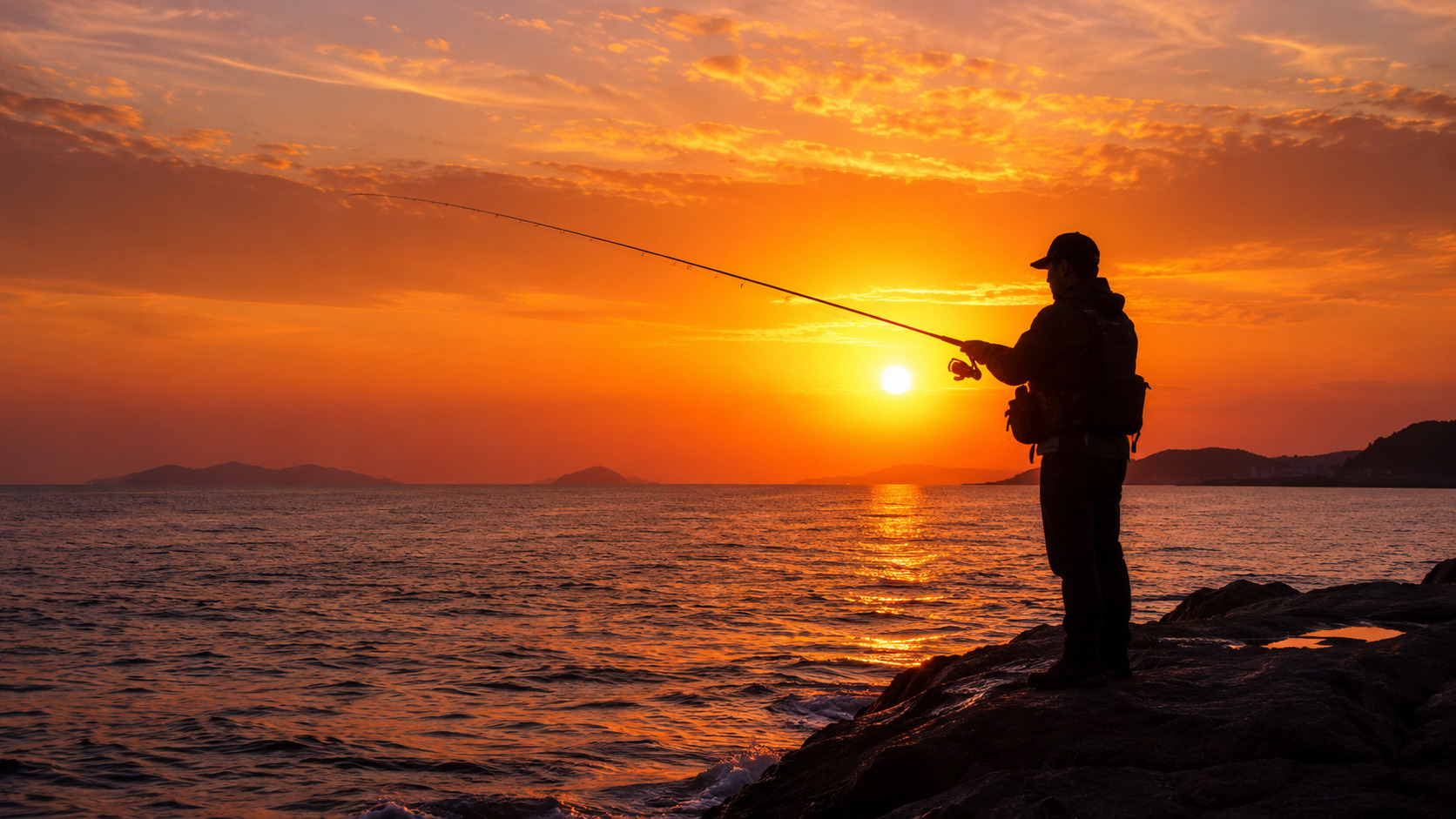 夕マづめの時間帯に魚の活性が上がる海で釣りをする様子